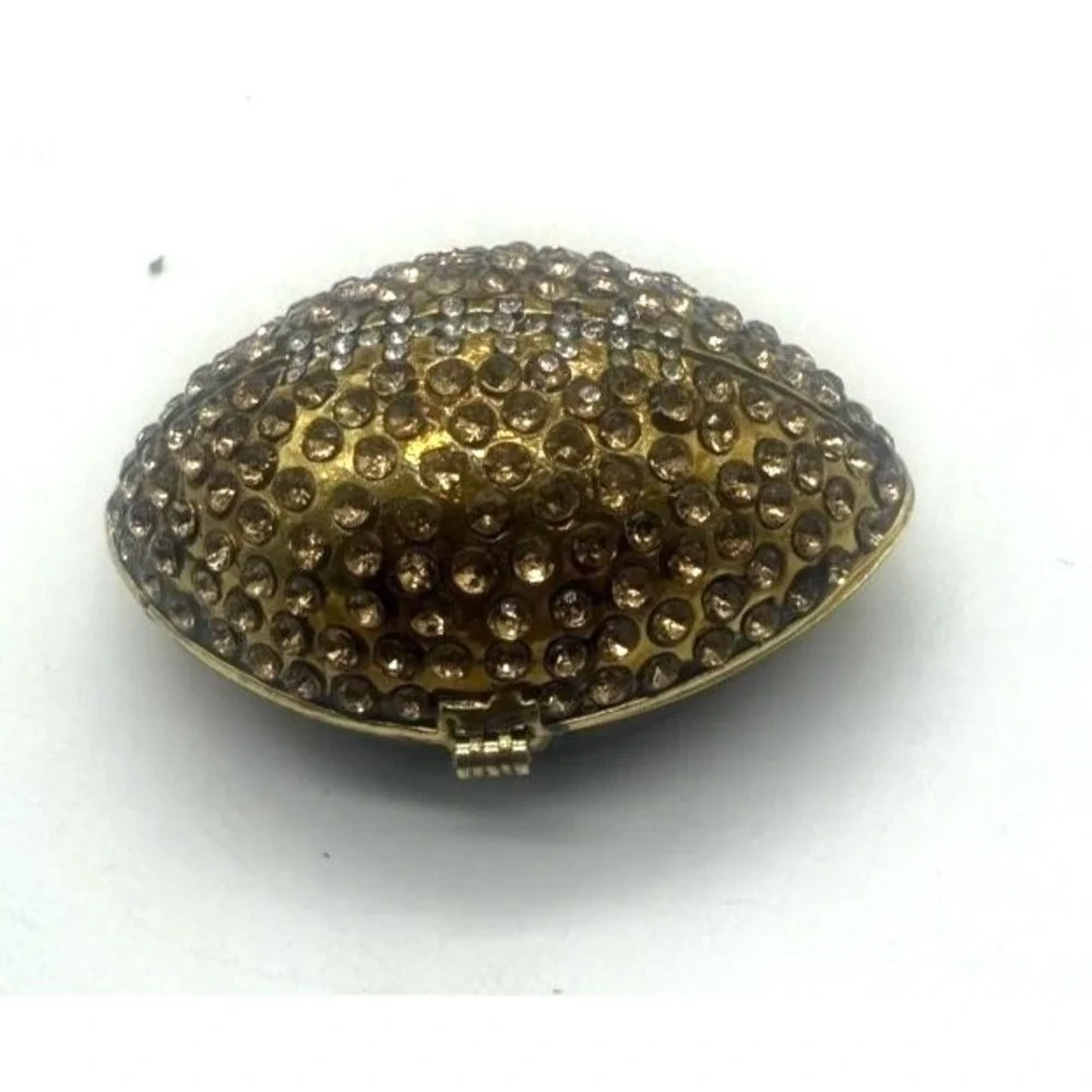 Football Rhinestone Hinged Trinket Pill Box Gold Tone Crystal‎ Enamel Interior